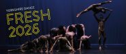 A group of young dancers bend over like steps as one dancers leaps off the top