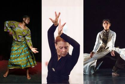 An image of three older female dancers. One dancer is wearing traditional African print dancing Juju, One is dancing Flamenco and the third is dancing kathak